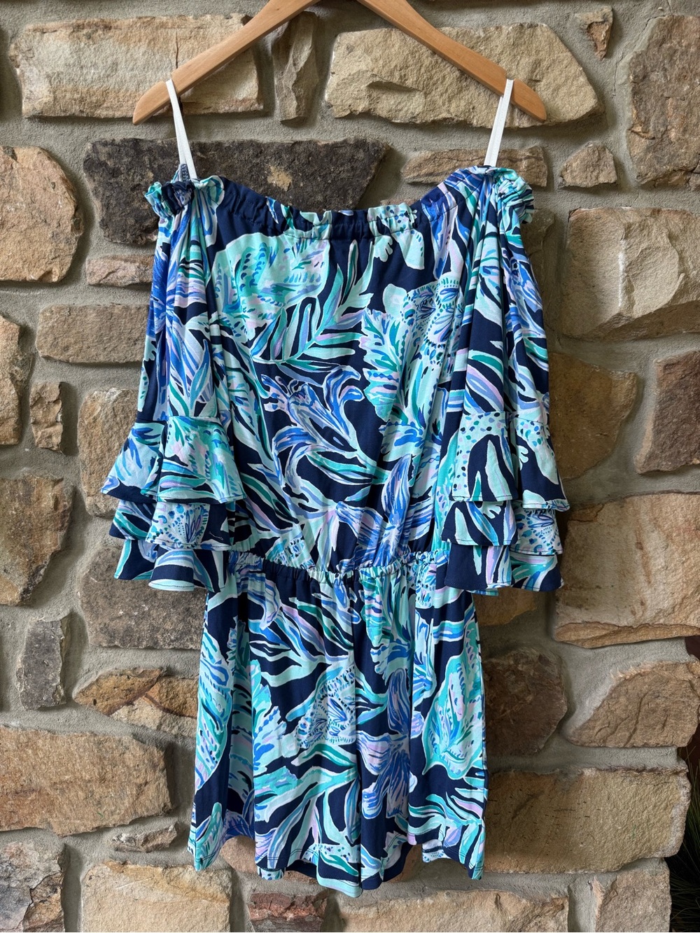 Lilly Pulitzer Women's Navy, Aqua, and Teal Tropical Print One-Piece Romper